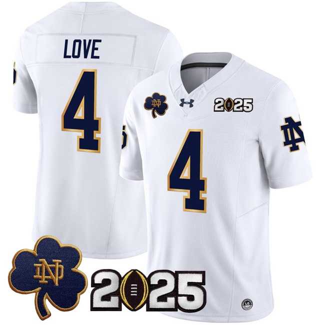 Mens Notre Dame Fighting Irish #4 Jeremiyah Love White F.U.S.E. 2025 CFP Final Patch Jersey Dzhi